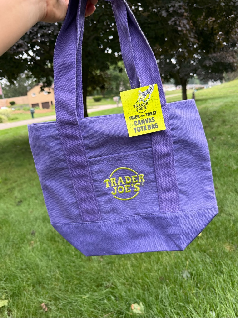 Trader Joe's Purple Canvas Tote Bag with Yellow Logo